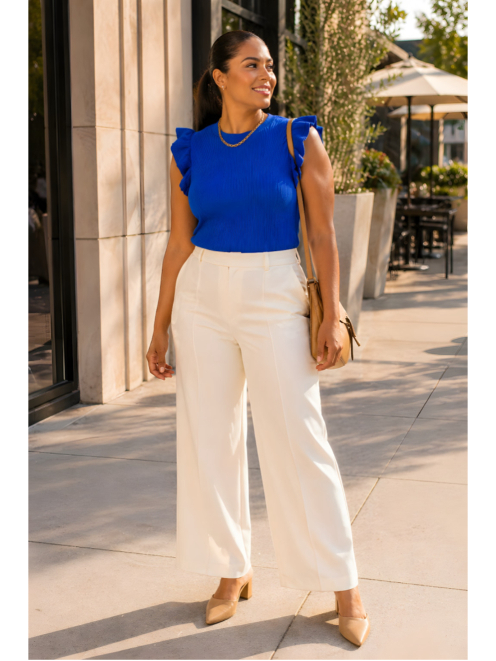 Muse Large Cobalt Blue Ribbed Ruffle Flutter Sleeve Fitted op Cotton Stretch